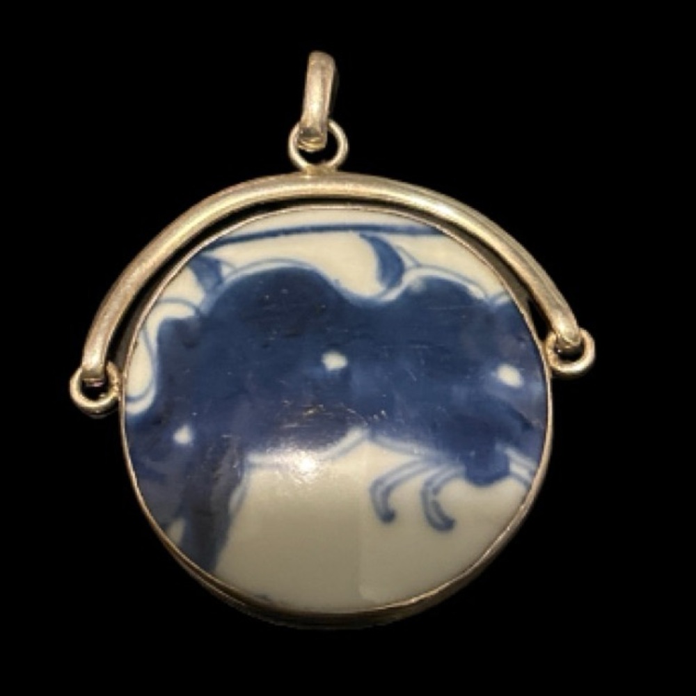 Rare 925 Sterling Silver - Vintage Chinese Ceramic Art Round Drop Pendant
